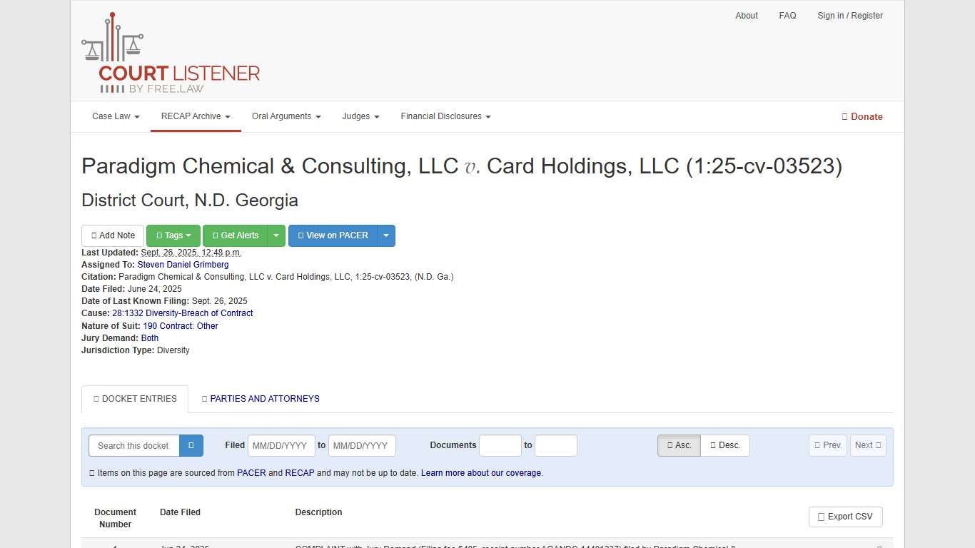 Paradigm Chemical & Consulting, LLC v. Card Holdings, LLC, 1:25-cv-03523 – CourtListener.com
